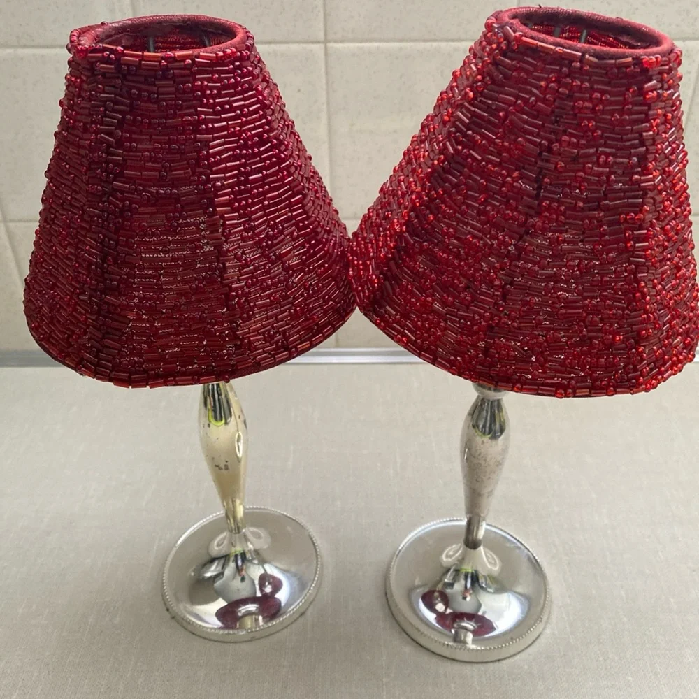 Pottery Barn Holiday Vintage Red Beaded Lamp Shades Votive Candlestick Holders‎
